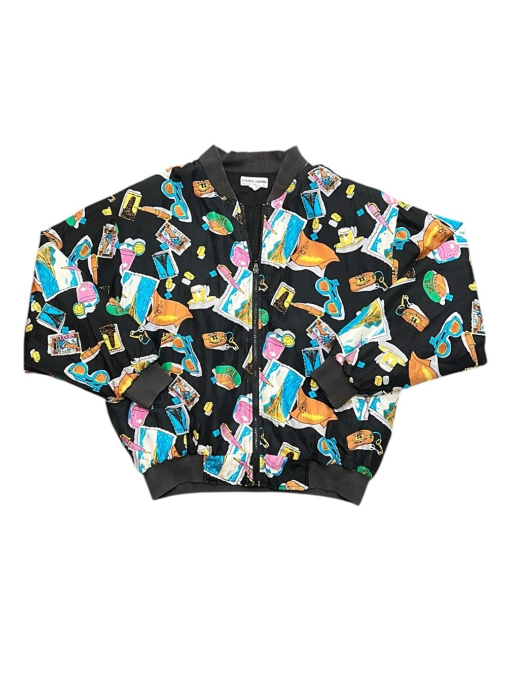 Men’s Vintage Carol Horn Graphic Bomber Jacket Black Multicolor 1990s USA